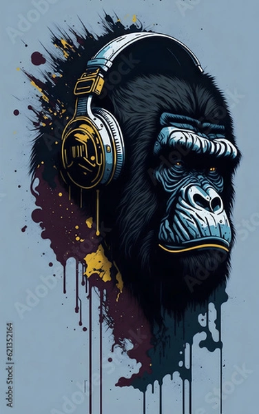 Fototapeta Vector t-shirt art ready to print highly detailed colorful graffiti illustration of MONKEY , wearing headphone