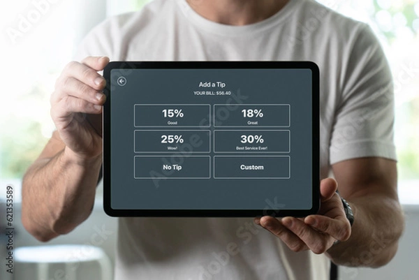 Fototapeta Man holding a tablet with tipping screen inside a restaurant