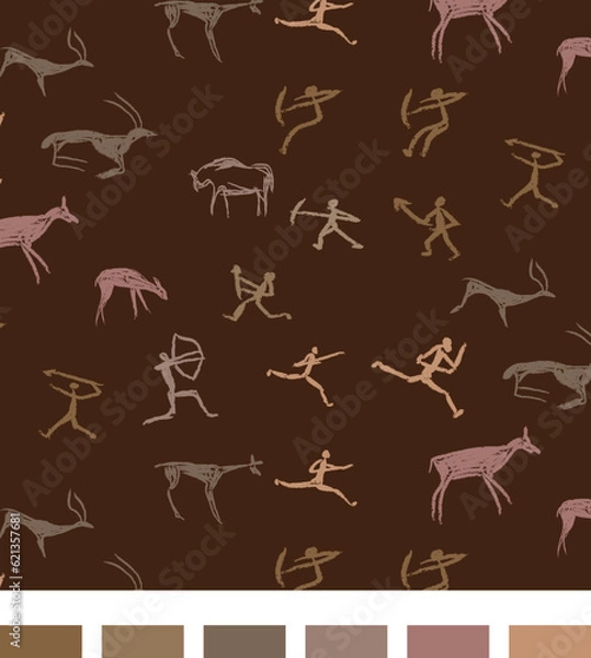 Fototapeta Ancient Cave Painting People and Animals Print, Vector Seamless Repeating Pattern Tile