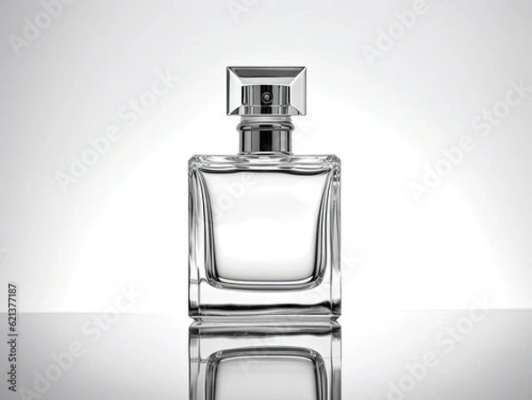 Obraz Blank, unbranded glass bottle of perfume isolated on white background with reflection