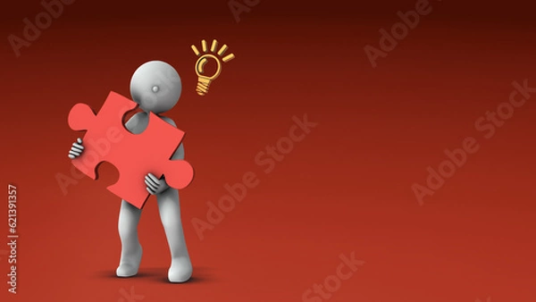 Obraz 大きなパズルピースを抱えた人物。解決策を表す鍵を表す抽象的なコンセプト。