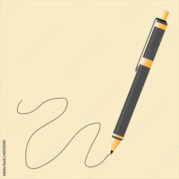 Fototapeta The pen is writing. On a yellow background. Vector illustration.