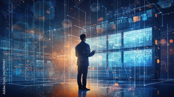 Obraz engineer working server room, internet network connection with data center, digital technology, database