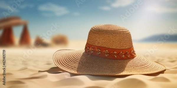 Fototapeta Straw hat on beach sand holiday background. AI Generated