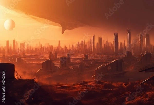 Fototapeta A Captivating Cityscape of a Desert Oasis at Sunset Generative AI