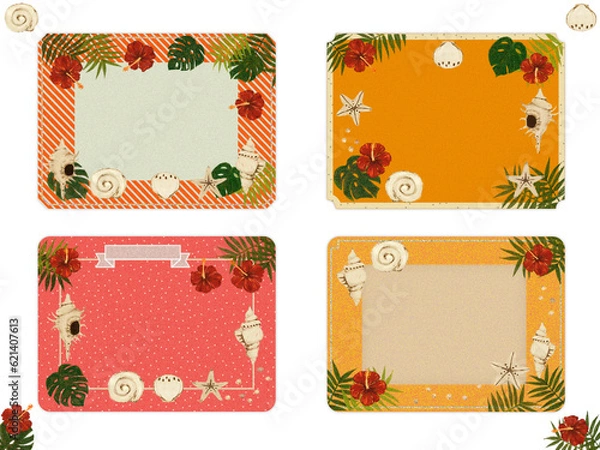 Obraz 夏のフレーム素材【ヤシ・モンステラ・ハイビスカス】メッセージ