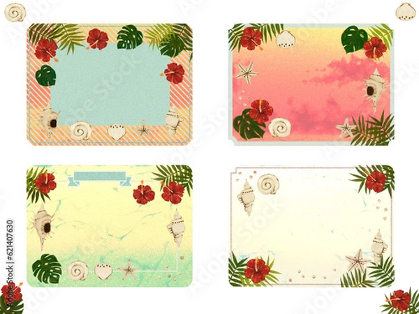 Obraz 夏の海フレーム素材【貝・ハイビスカス】メッセージカード