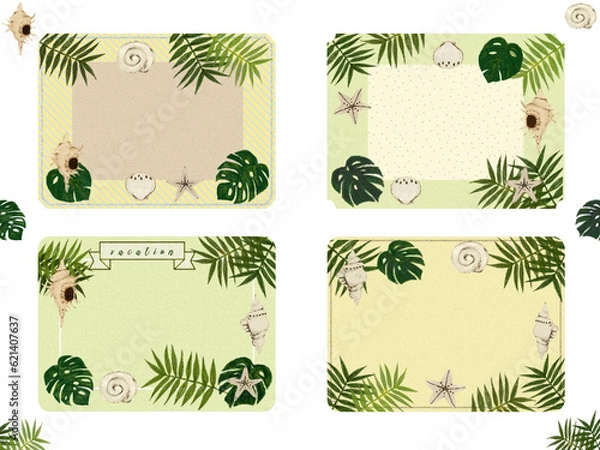 Obraz フレーム素材【貝殻・ヤシ・モンステラ】グリーンのメッセージカード