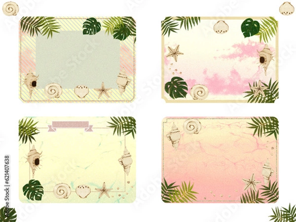 Obraz 夏のフレーム素材【貝・ヤシ・モンステラ】メッセージ