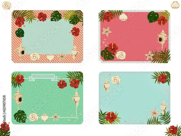 Obraz 夏のフレーム素材【ヤシ・モンステラ・ハイビ】海のメッセージ