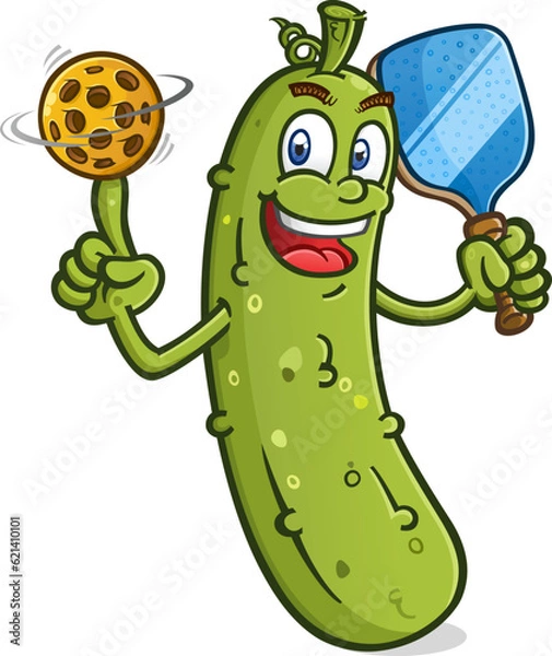 Obraz Tall lanky Pickle cartoon spinning a yellow plastic pickleball on his finger basketball style with a big cheesy grin on his face vector clip art