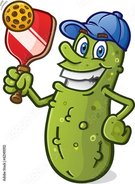Obraz Cool pickle cartoon with attitude holding a pickleball racket and ball and wearing a bright blue baseball cap vector clip art