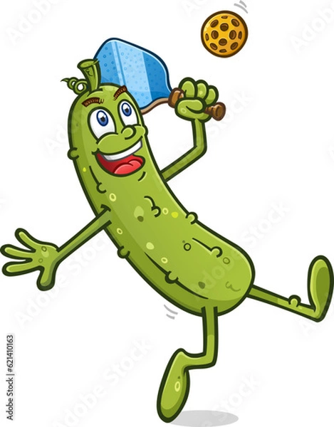 Fototapeta Tall lanky pickle cartoon mascot leaning back and going for the winning shot in an epic pickleball battle on the court vector clip art