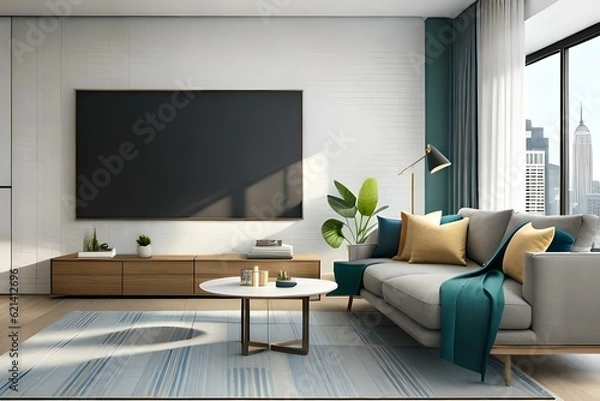 Obraz Mockup a TV wall mounted with decoration in living room and white wall. 3d rendering.