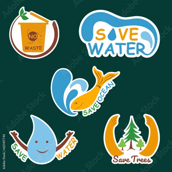 Fototapeta Eco Friendly and Environment Stickers Set 3 of no waste, save water, save ocean and save trees