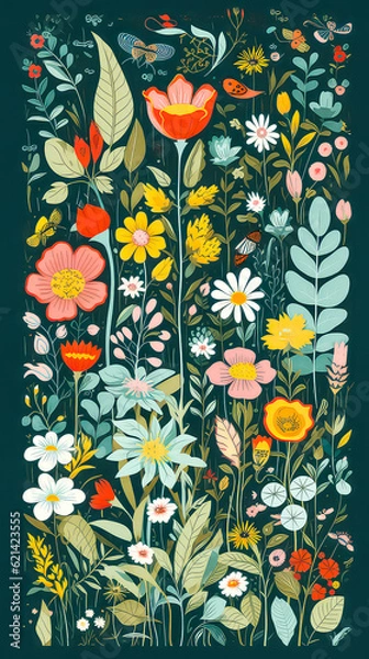Fototapeta beautiful illustration of flowers with bright colors. Beautiful flowers for background. Flower background art. Post-processed generative AI