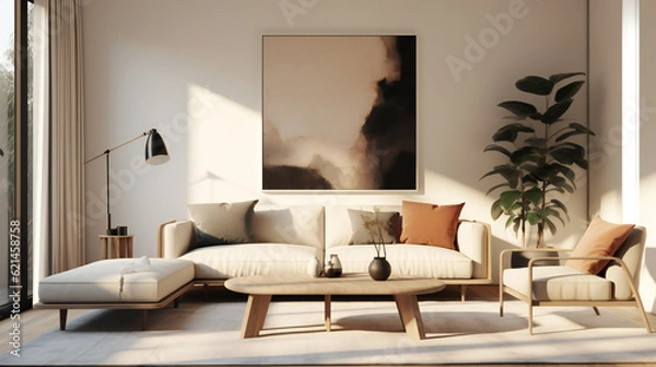 Fototapeta Stylish Living Room Interior with an Abstract Frame Poster, Modern Interior Design, 3D Render, 3D Illustration
