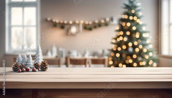 Fototapeta Wood dining table with copy space and christmas tree in the background