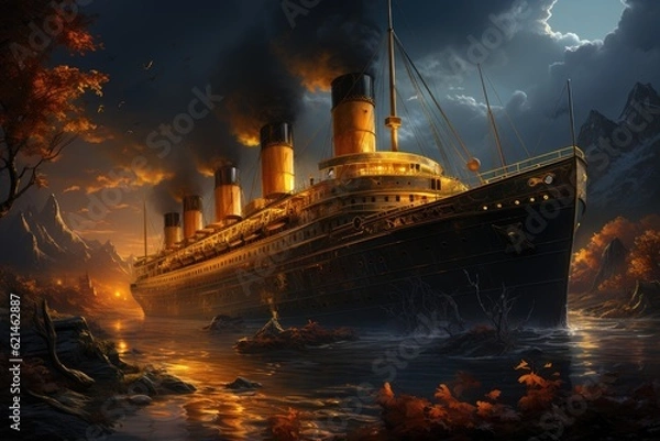 Fototapeta Ancient ship in ocean with smoke. Generative AI