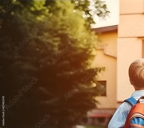 Fototapeta Back to school. child with backpack  going to school with fun,  generative AI 