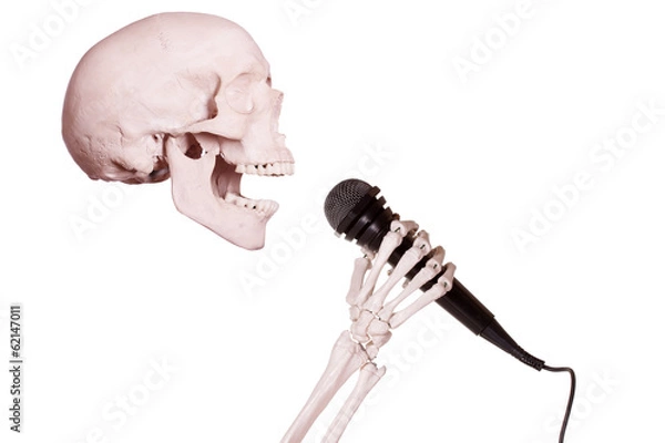 Obraz skeleton hand holding microphone