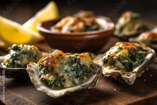 Fototapeta Exquisite Oysters Rockefeller on Wooden Table - Created with Generative AI Tools