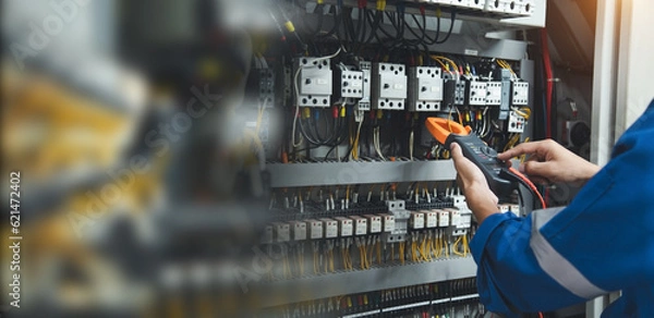 Fototapeta Electrician measurements with multimeter testing current electric in control panel, safety concept .