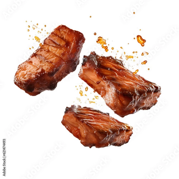 Fototapeta Grill Pork Chops steaks, realistic 3d brisket flying in the air, grilled meat collection, ultra realistic, icon, detailed, angle view food photo, steak composition | グリルポークチョップステーキが宙に舞う