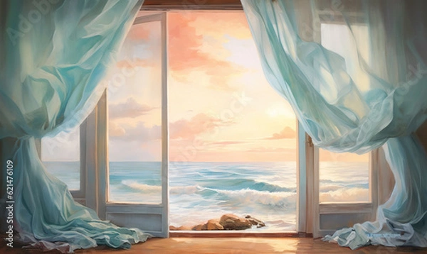 Obraz  a painting of an open window with a view of the ocean.  generative ai