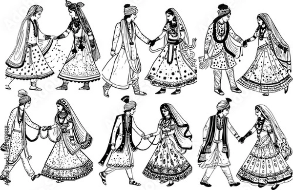 Obraz Indian Groom and Bride Black and White coloring page