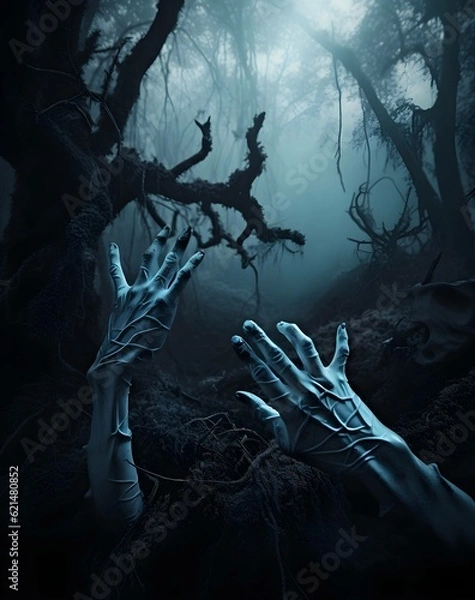 Fototapeta photo halloween wallpaper with zombie hand , generative AI