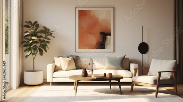 Obraz Stylish Living Room Interior with an Abstract Frame Poster, Modern Interior Design, 3D Render, 3D Illustration
