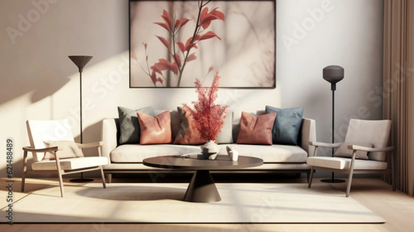 Obraz Stylish Living Room Interior with an Abstract Frame Poster, Modern Interior Design, 3D Render, 3D Illustration