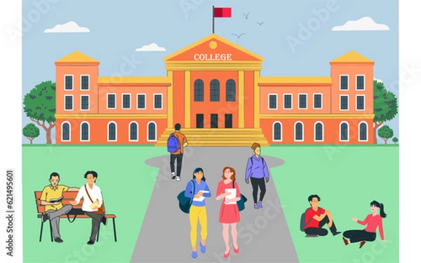 Obraz Group of happy students are spending time at college campus. Young people walking together, talking, sitting on bench and on grass. Vector illustration.