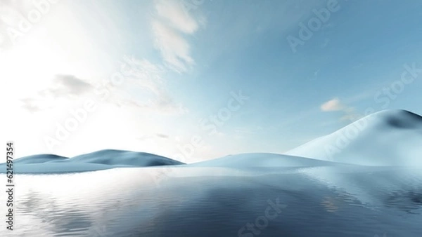 Fototapeta Fantasy world, futuristic fantasy image. 3d render of surreal landscape with  water and colorful sand. Podium, display on the background of abstract glass, mirror shapes and objects. 