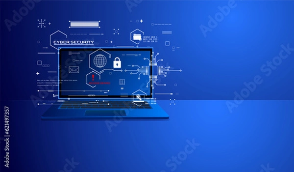 Fototapeta Blue abstract of laptop data security protection concept. Online wifi, shopping, anti virus protection processing system. Cybersecurity with hud UI system interface vector.