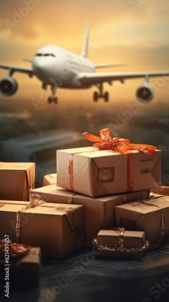 Fototapeta Airplane with a box. The concept of aviation logistics. Generative AI
