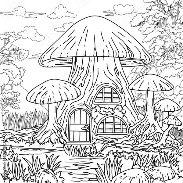 Fototapeta Mushroom house in the middle of forest. Mushroom house coloring book. A little fairy mushroom house among the forest tree. coloring book.