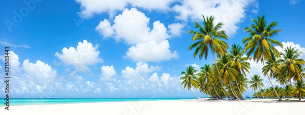 Obraz Paradise beach of a tropical island, palm trees, white sand, azure water. Famous stone beach in the Seychelles. Generative AI.