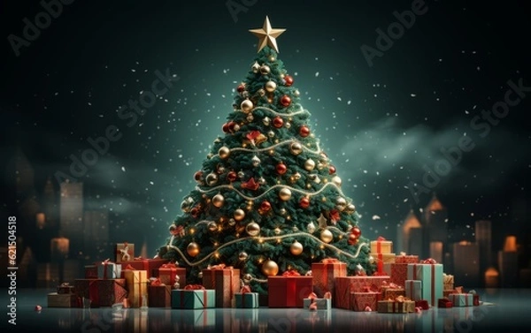 Obraz A huge Christmas tree with bright lights and presents.