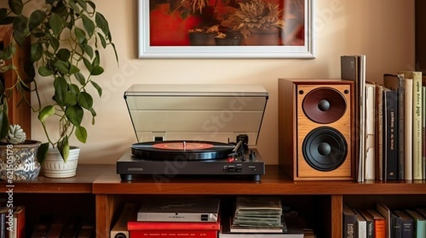 Obraz A vintage vinyl record player with a collection of classic albums on a wooden shelf, generative ai