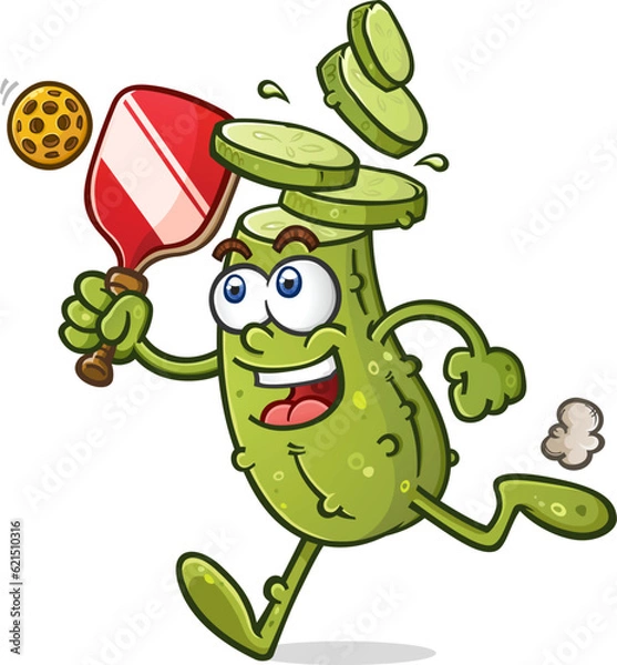 Obraz Pickle cartoon with chopped head and slices falling off jogging toward a stray pickleball on the court during an exciting match vector clip art