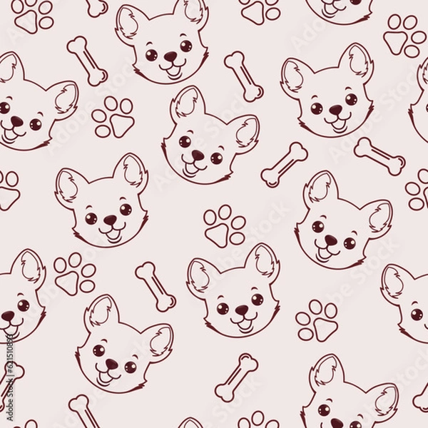 Fototapeta Seamless vector pattern with cute puppy faces with paws and bones. A light delicate pattern with a hand-drawn pattern would be great for children's products. 