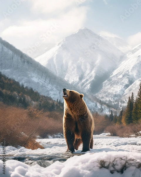 Obraz Grizzly bear in front of snowy mountain range