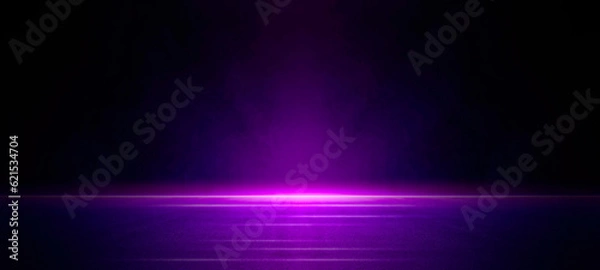 Obraz Stage shows, a blue, and purple background, an empty dark scene, laser beams, neon, spotlights reflecting on the asphalt floor, studio room with smoke floating up, a night view of the street