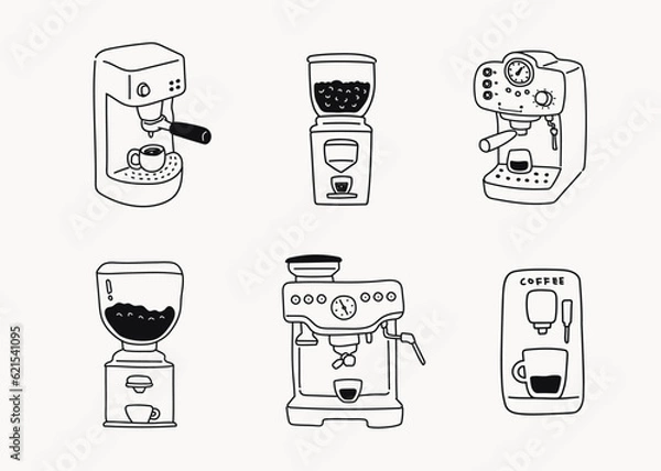 Obraz Hand drawn line doodle style cafe illustrations, black line icons, espresso coffee maker, coffee machine