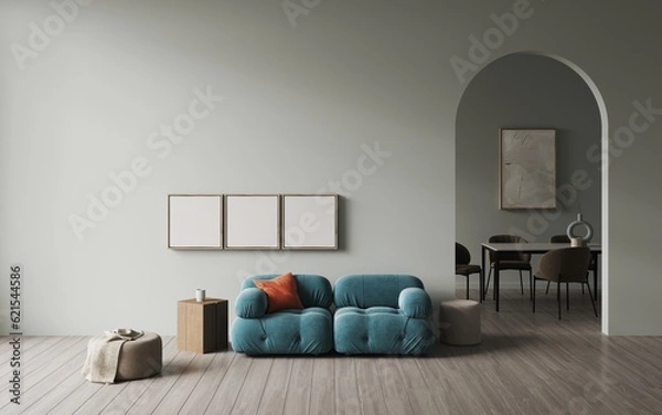 Fototapeta Living room with a fashionable blue sofa, in the background is the entrance through the archway to the dining area. In the back dining area with table and chairs. Empty frame on the wall. 3d rendering