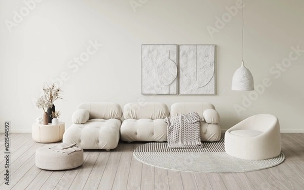 Fototapeta 3d rendering of modern living room with white sofa, wool meris plaid.Decor plaster light, eco design.Round carpet, beige pouffe, coffee table with flowers. Beige abstract wave texture images art 