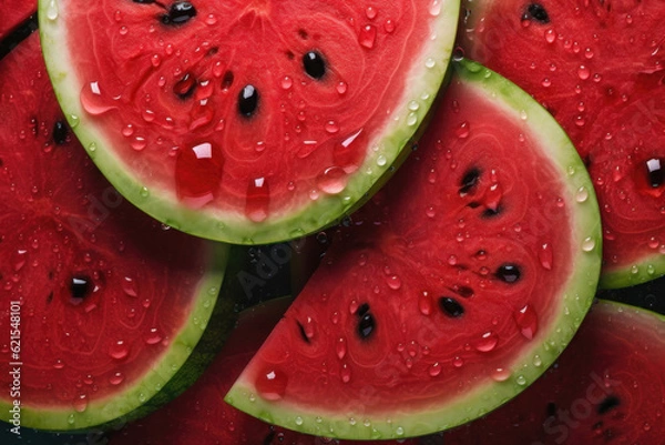 Fototapeta Fresh watermelon seamless background, adorned with glistening droplets of water. AI generated