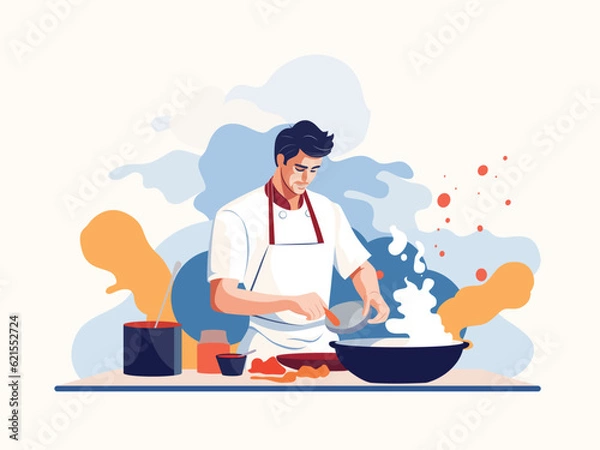 Fototapeta Graceful and Professional Chef  in White Jacket and Apron Preparing Dish - Minimalist Vector Illustration Art of Culinary Craftsmanship